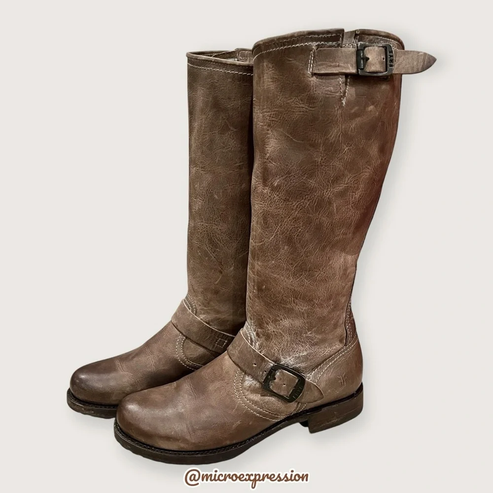 $399 Frye Veronica Slouch Tan Brown Tan Leather Engineer Moto Tall Buckle Boot